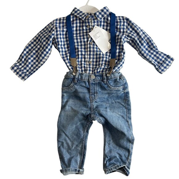 H&M Baby Boy Blue Gingham Button Down Jeans Suspenders Sz 9-12M Adjustable - Picture 1 of 6